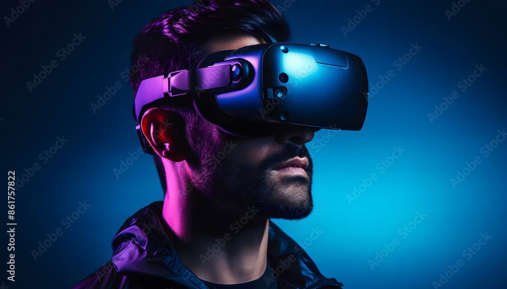 Man Immersed in Virtual Reality with Futuristic VR Glasses Man Immersed in Virtual Reality with Futuristic VR Glasses