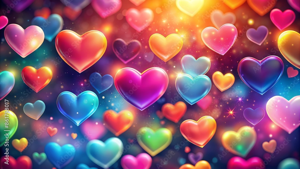 Colorful 3D Hearts Floating in Abstract Background with Glitter Colorful 3D Hearts Floating in Abstract Background with Glitter