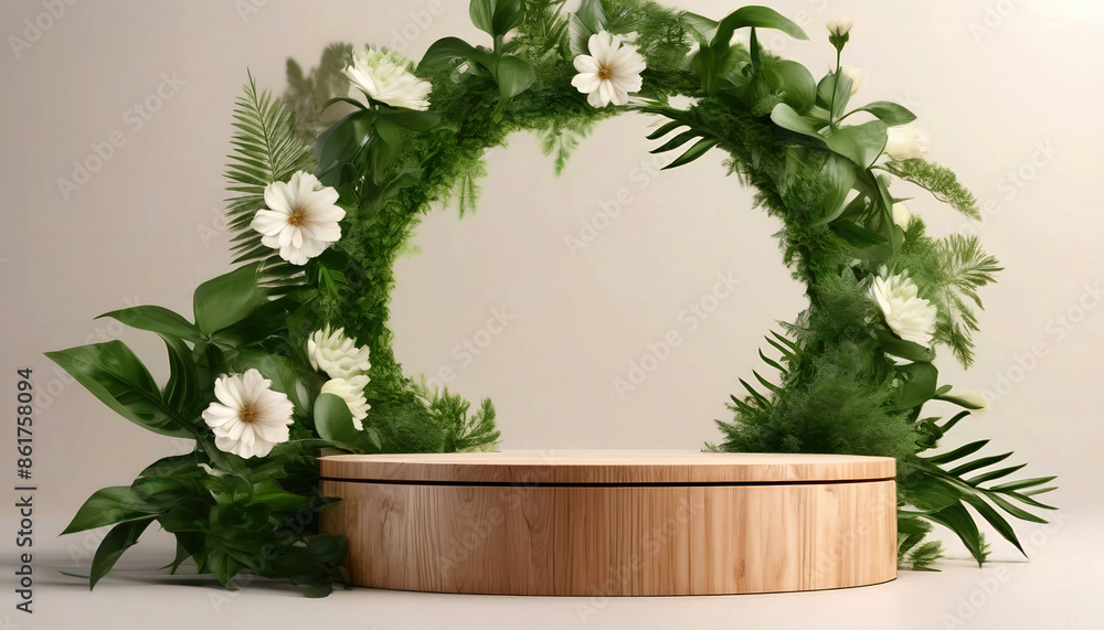 Beautiful bright natural template for product presentation in the form of wooden pedestal or podium framed with fresh green foliage and flowers on light background Beautiful bright natural template for product presentation in the form of wooden pedestal or podium framed with fresh green foliage and flowers on light background