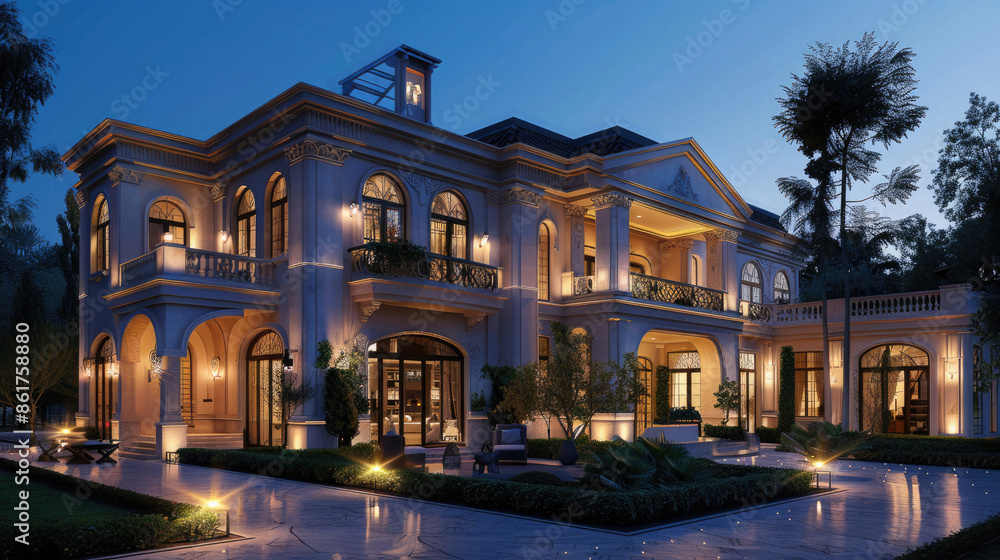 Fototapeta premium A magnificent villa at dusk, bathed in the warm glow of the setting sun. .