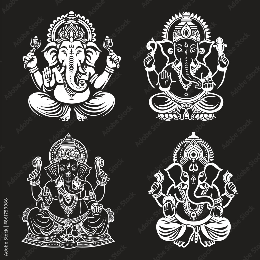 Obraz premium Intricate Black and White Ganesha Illustrations.