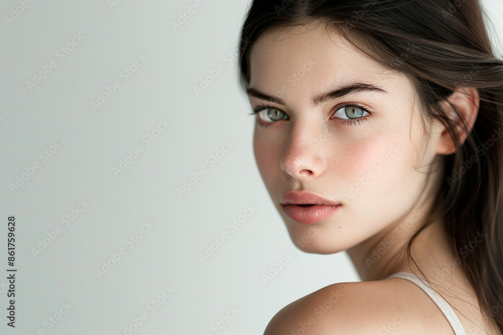 Young woman with natural beauty looking over her shoulder. Minimalist background offers copy space Young woman with natural beauty looking over her shoulder. Minimalist background offers copy space