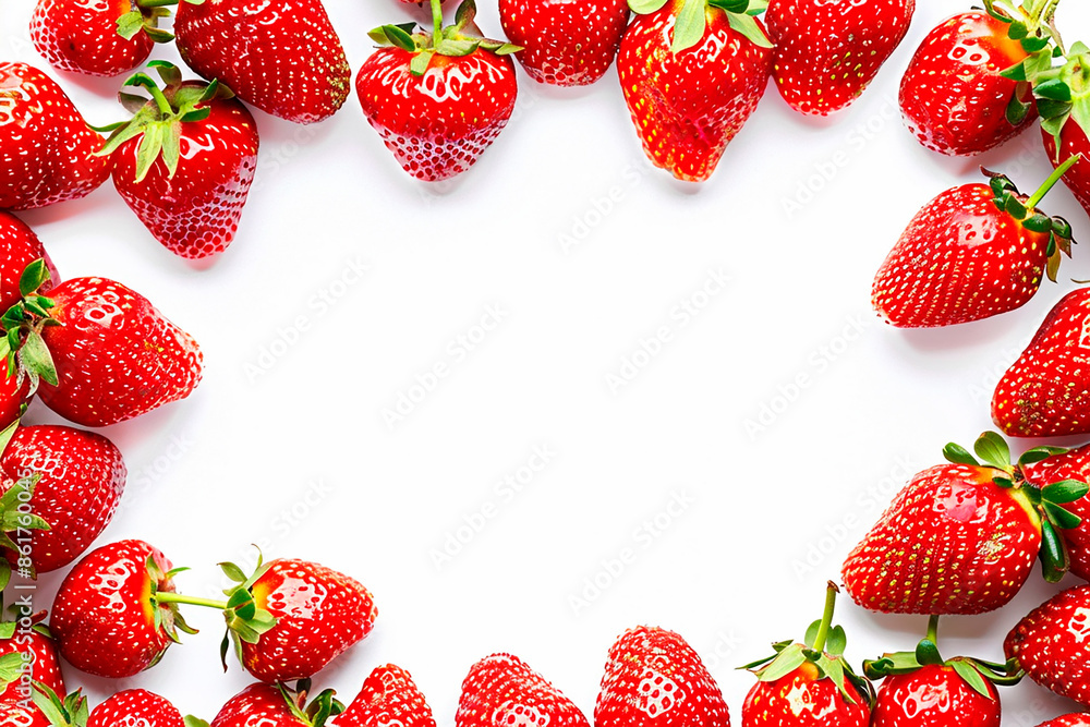 A collection of fresh strawberries arranged in a circular frame on a white background with ample copy space in the center A collection of fresh strawberries arranged in a circular frame on a white background with ample copy space in the center