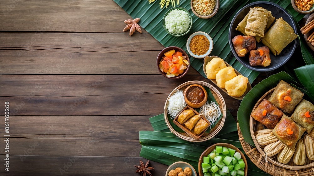 A wooden table set with an array of colorful Asian dishes including rice, dumplings, and fresh vegetables, on banana leaves enhancing the tropical theme. A wooden table set with an array of colorful Asian dishes including rice, dumplings, and fresh vegetables, on banana leaves enhancing the tropical theme.