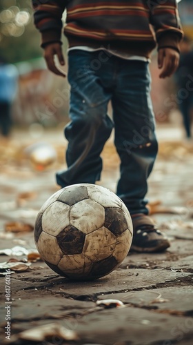 A close-up shot of a boy playing with soccer ball alone