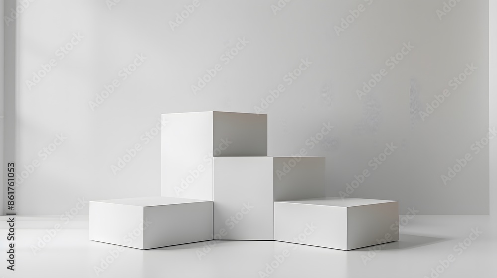 Minimalistic white cube display platform set in a clean, white room. Ideal for product presentation and modern design concepts. Minimalistic white cube display platform set in a clean, white room. Ideal for product presentation and modern design concepts.