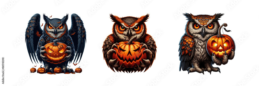 Fototapeta premium Illustration of horror Owl Holding Pumpkin, Halloween Day special set of against Transparent background