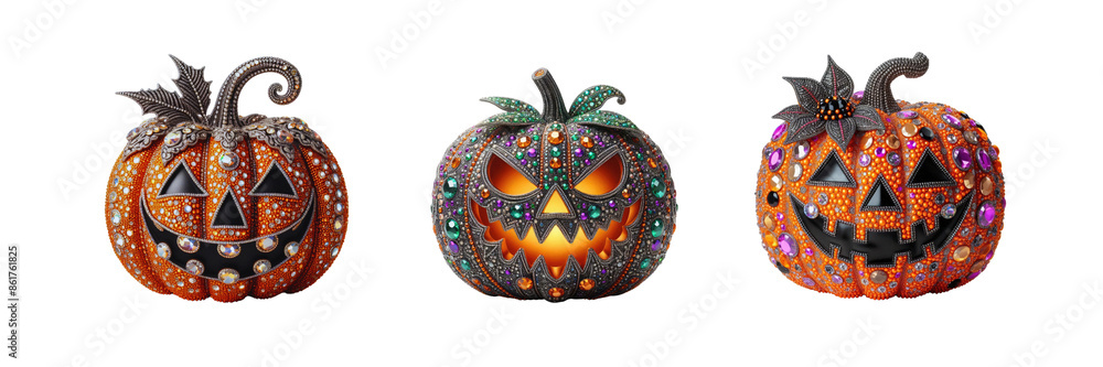 Fototapeta premium Bedazzled spooky pumpkin decoration/ ornament for Halloween, Halloween Day special set of against Transparent background