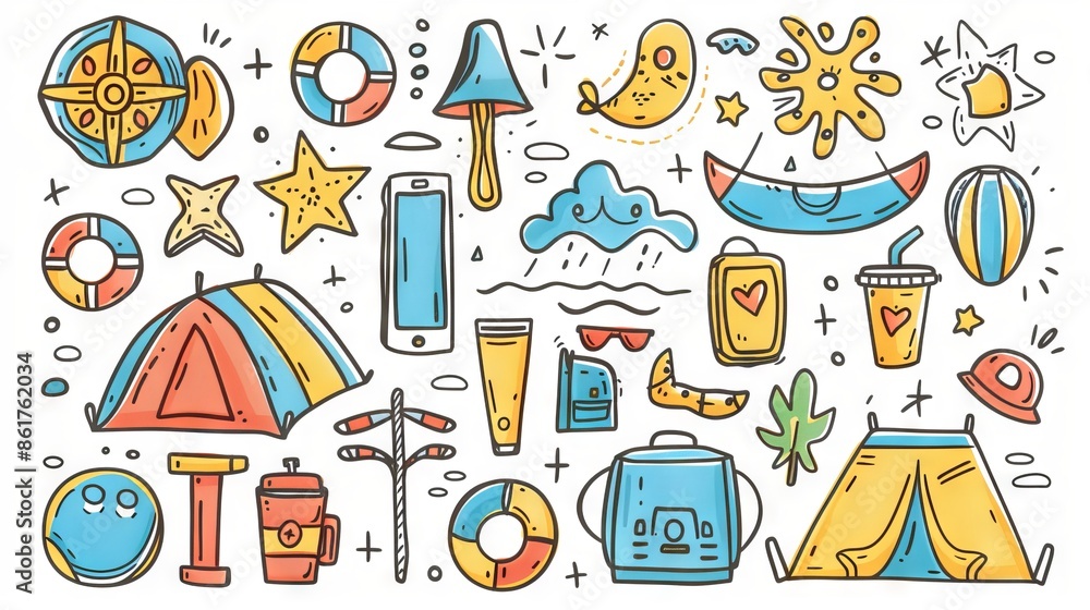 Fototapeta premium The image is a hand-drawn illustration of various summer items