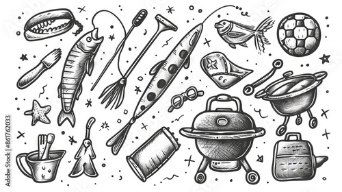 The image is a hand-drawn illustration of a variety of camping and fishing equipment photo