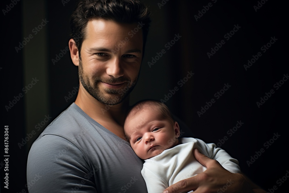 Father holding newborn baby in dark background Father holding newborn baby in dark background