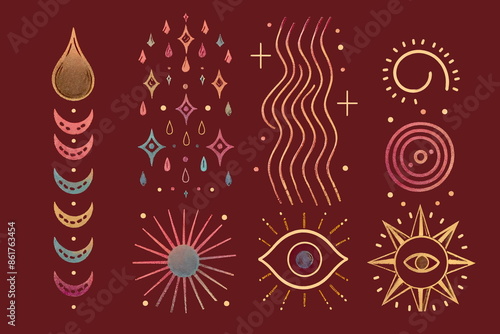 Vibrant Illustrations in Red, Gold and Blue Grid, intricate design, diverse pattern, artistic composition, colorful artwork, sun, rainbow, teardrop, vibrant color,  sticker set, cover, abstract poster photo
