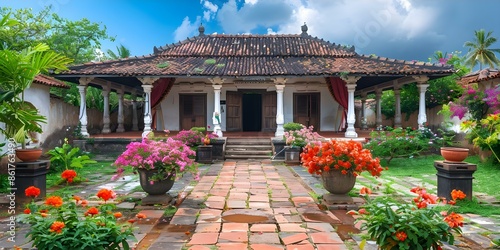 Traditional Karnataka Style Home at Dakshina Chitra Museum in South India, Tamil Nadu. Concept Traditional Architecture, South Indian Culture, Historical Preservation, Heritage Site photo