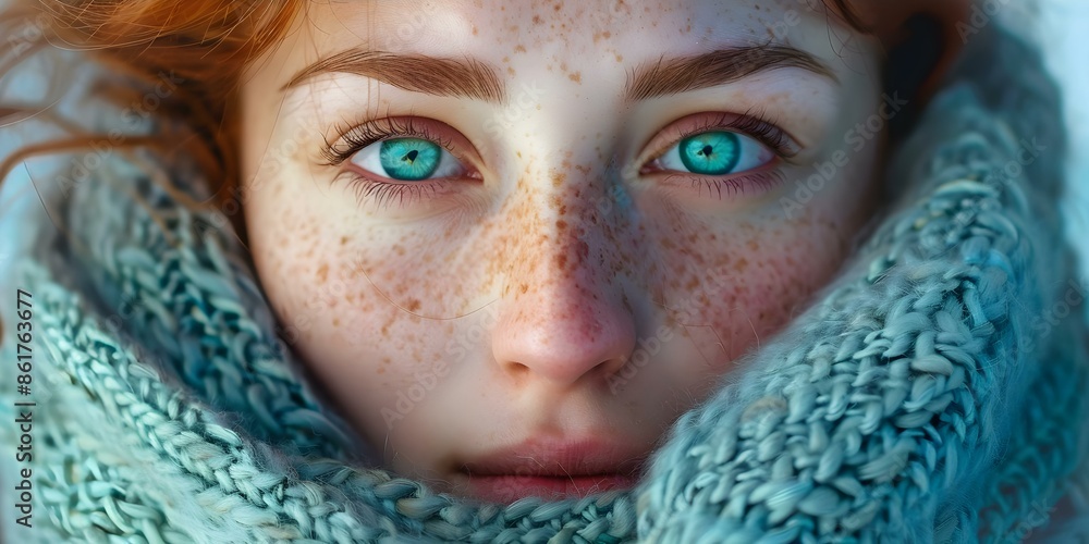 Closeup Portrait of a Young Woman with Green Eyes, Freckles, and Blue Scarf. Concept Portrait Photography, Close-up Shot, Green Eyes, Freckles, Blue Scarf, Young Woman Closeup Portrait of a Young Woman with Green Eyes, Freckles, and Blue Scarf. Concept Portrait Photography, Close-up Shot, Green Eyes, Freckles, Blue Scarf, Young Woman