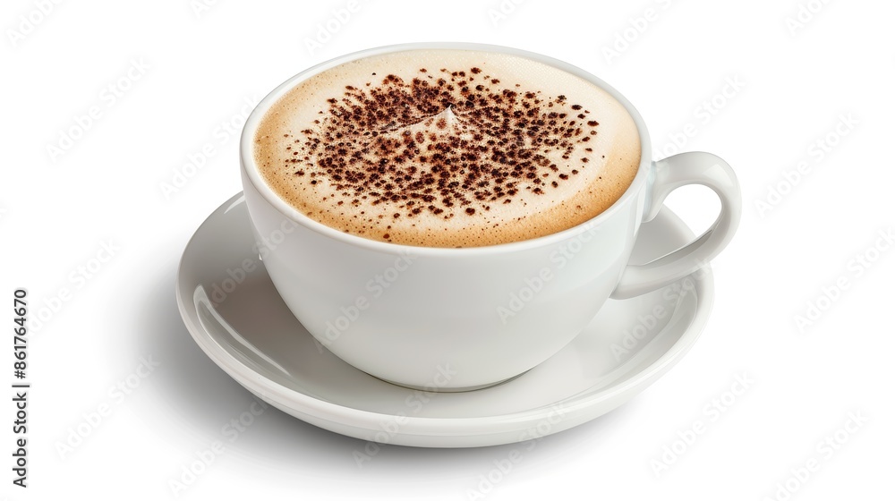 High-resolution image of a cappuccino, front view on a white background, no shadows or blur effects, capturing every detail of the foam art High-resolution image of a cappuccino, front view on a white background, no shadows or blur effects, capturing every detail of the foam art