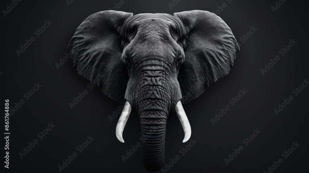 Hyper-realistic black and white photo of a majestic elephant's head, viewed from the front, intricate details and textures, all black background