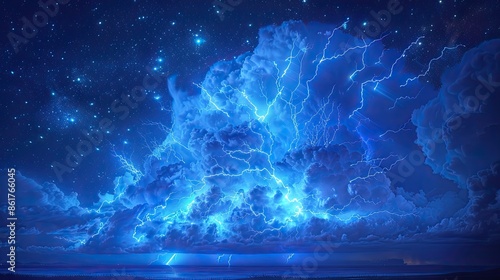 A symphony of nature Majestic blue lightning bolts erupt from a towering thunderhead cloud, illuminating a starry night sky