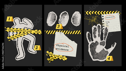 Contemporary collage Illustrations of a murder scene with a chalk outline of a body and evidence in grunge retro style.