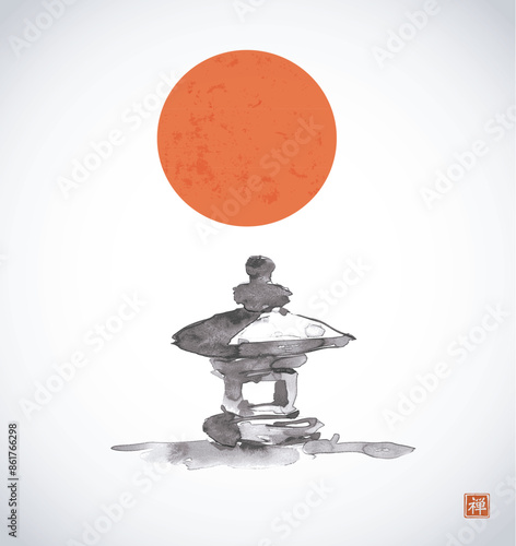 Minimalist ink painting of japanese toro stone lantern in vintage style. Traditional Japanese ink wash painting sumi-e. Translation of hieroglyph - zen