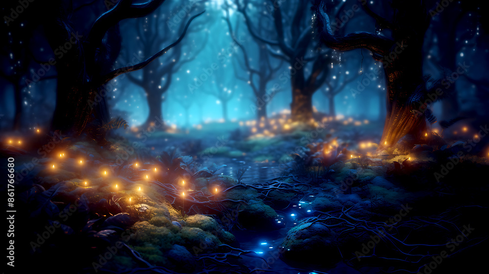 Mystical magical forest at night with glowing lights Mystical magical forest at night with glowing lights