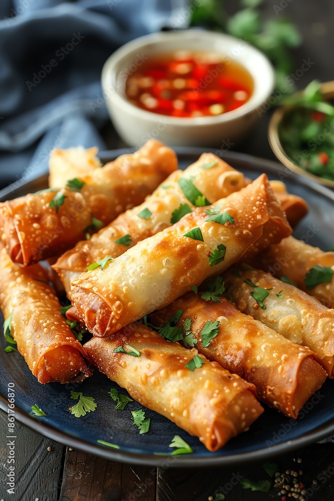 A plate of crispy golden spring rolls served with a side of dipping sauce A plate of crispy golden spring rolls served with a side of dipping sauce