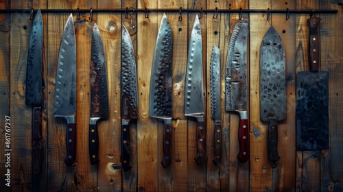 Collection of Sharp Kitchen Knives Hanging on Wooden Wall