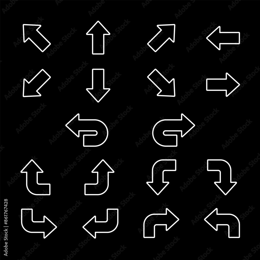 Arrows, white line icons. Icons indicating different directions. Ideal for navigation and guidance themes. Symbols on black background. Editable stroke. Arrows, white line icons. Icons indicating different directions. Ideal for navigation and guidance themes. Symbols on black background. Editable stroke.