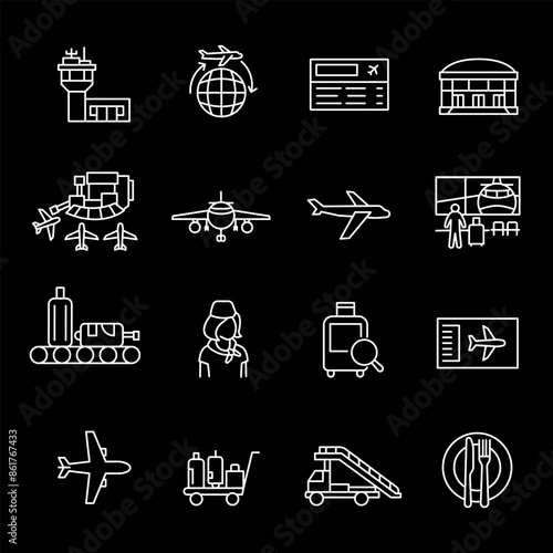 Airports, white line icons. Icons for check-in, waiting areas, and flights. Essential for travel and transportation themes. Symbols on black background. Editable stroke.