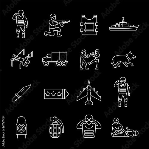 Military service, white line icons. Army training and preparation, servicemen. defense and military themes. Symbols on black background. Editable stroke.