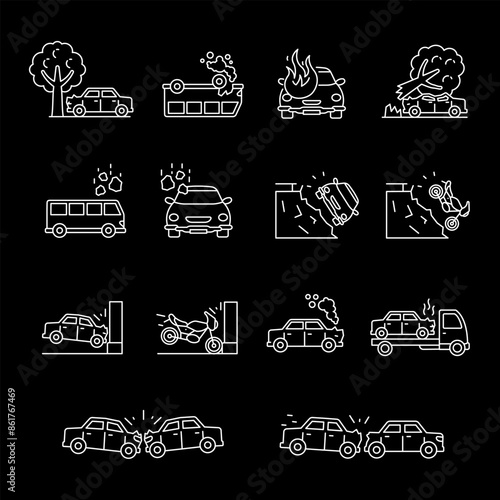 Car crashes, white line icons. Icons illustrating transportation accidents, collisions, and road incidents. Ideal for safety and automotive themes. Symbols on black background. Editable stroke.