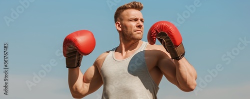 A muscular and fit boxer sporting red gloves trains under a clear blue sky, exuding confidence and readiness for his next match, symbolizing athletic dedication. photo