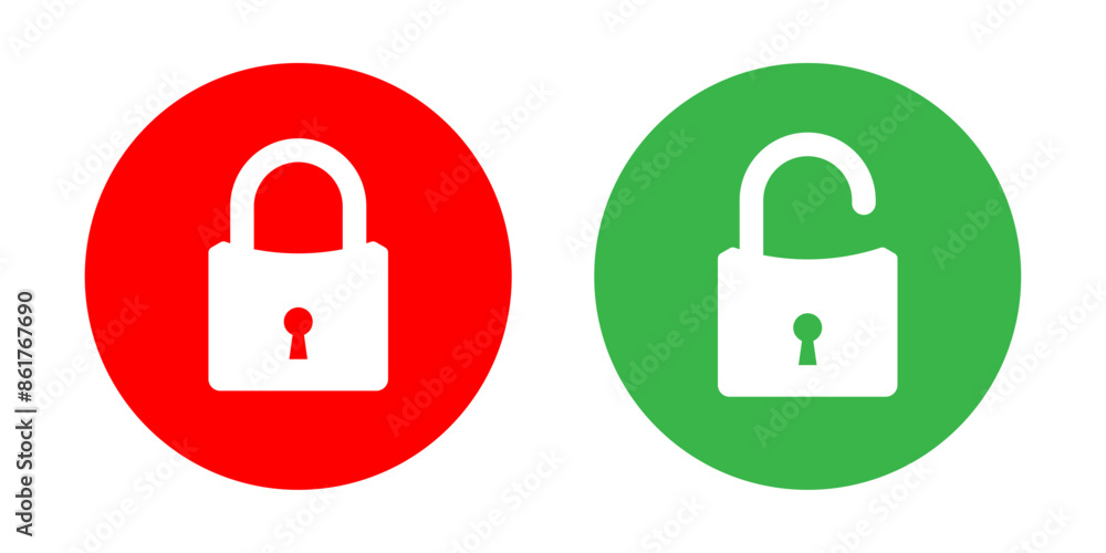Lock and unlock icon set in red and green circle in curve square style for user interface design elements. Lock icon collection. Locked and unlocked icon set. Flat security symbol. Vector Icon. Lock and unlock icon set in red and green circle in curve square style for user interface design elements. Lock icon collection. Locked and unlocked icon set. Flat security symbol. Vector Icon.