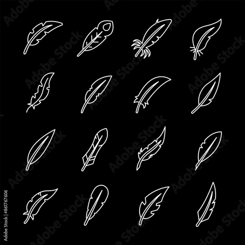 Feathers, white line icons. Various feather designs. Ideal for nature and decorative themes. Symbols on black background. Editable stroke.