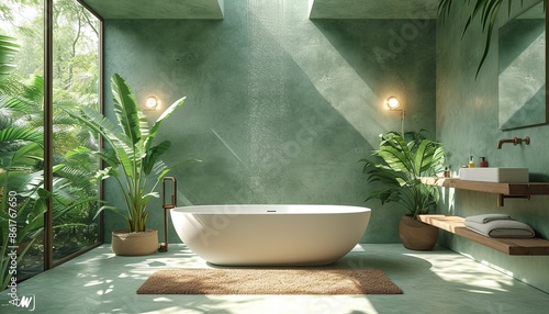 Modern large cozy bathroom with a bathtub, with plants and large windows © Svetlana