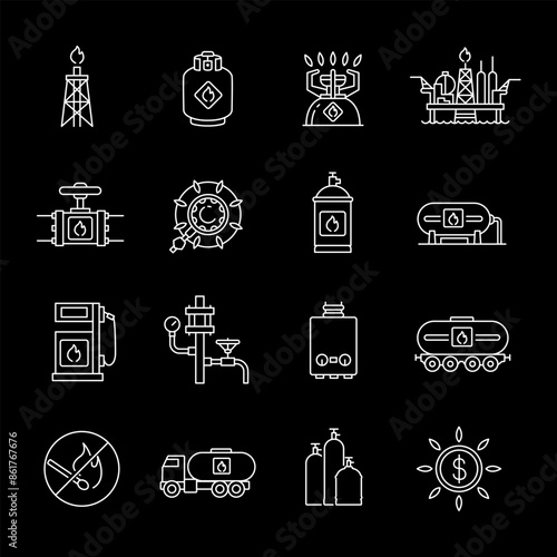 Propane gas, white line icons. Mining, shipping, processing, and storage of gas. industrial and energy themes. Symbols on black background. Editable stroke.