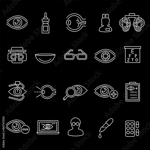 Ophthalmology, white line icons. Vision care and eye health symbols. Essential for healthcare and optometry themes. Symbols on black background. Editable stroke.