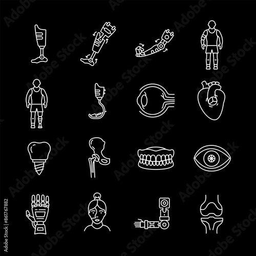 Prosthetics, white line icons. Medical mechanical prostheses and body part replacements. healthcare and rehabilitation themes. Symbols on black background. Editable stroke.