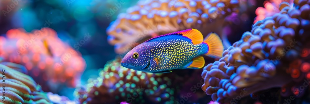 A dottyback fish with bright blue, yellow, and orange coloration swims through vibrant coral formations in a close-up photograph A dottyback fish with bright blue, yellow, and orange coloration swims through vibrant coral formations in a close-up photograph