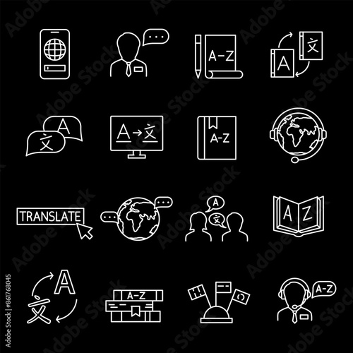 Language translation, white line icons. Interpreter and translator symbols. Essential for communication and international themes. Symbols on black background. Editable stroke.