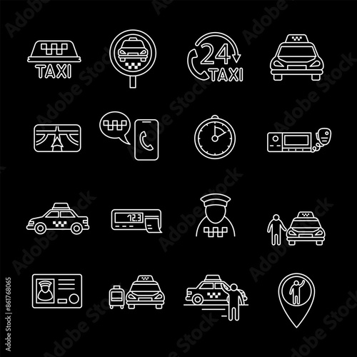 Taxis, white line icons. Icons for calling and riding taxis, driver symbols. transportation and urban mobility themes. Symbols on black background. Editable stroke.