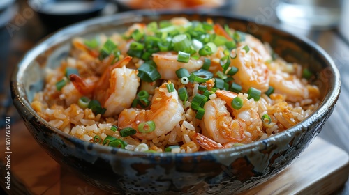 Shrimp fried rice garnished with green onions