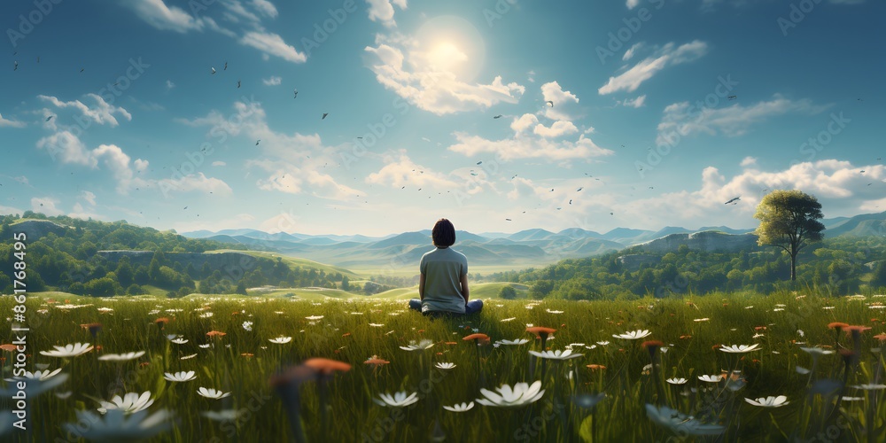 Obraz premium A person doing yoga in spring field, doing yoga wearing yoga clothes in the meadow, yoga time in the nature