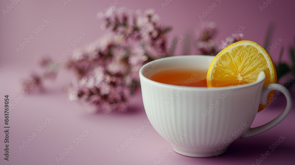 White cup of tea with lemon and lilac flowers on a pink background. White cup of tea with lemon and lilac flowers on a pink background.