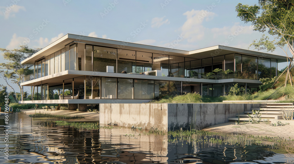 Obraz premium A modern waterfront mansion with expansive glass walls, showcasing panoramic views of the ocean. The house features a sleek, minimalist design, blending seamlessly with the natural surroundings.