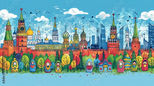 The image shows a colorful illustration of Moscow's skyline with many famous landmarks such as the Kremlin, St Basil's Cathedral, and the Moscow Metro