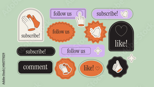 Call-to-action stickers in a trendy futuristic style with text such as “follow us!”, “subscribe!”, “comment” and “like” for social networks.