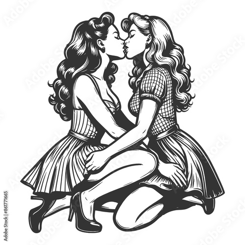 two women in retro fashion, embracing and sharing a kiss, a moment of affection sketch engraving generative ai fictional character raster illustration. Scratch board imitation. Black and white