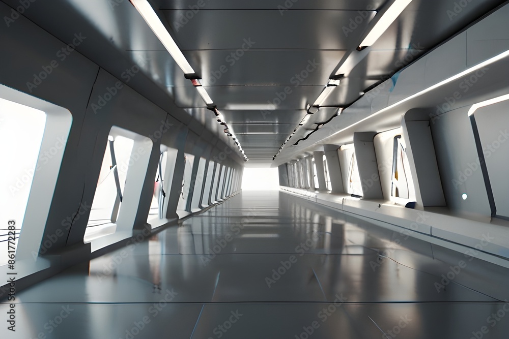 Fototapeta premium Empty Long Light Corridor. Modern white background. Futuristic Sci-Fi Triangle Tunnel. 3D Rendering Generative AI 