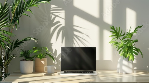 A modern home office with a sleek laptop mockup, lush green plants, and minimalistic decor