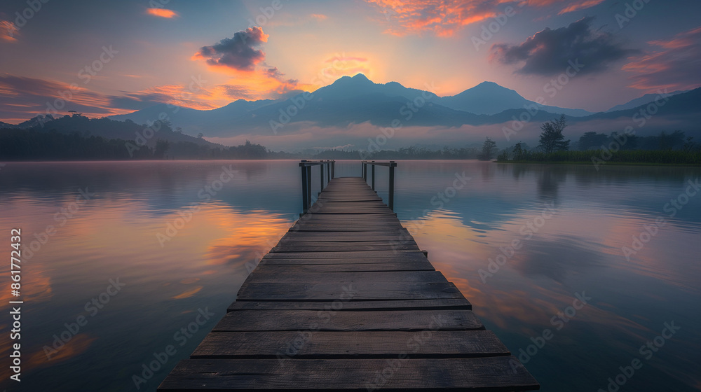 Naklejka premium A wooden pier jutting out into a lake at sunset. 